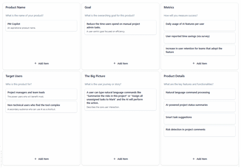 AI Assistant for a Project Management Tool - Product Canvas Example